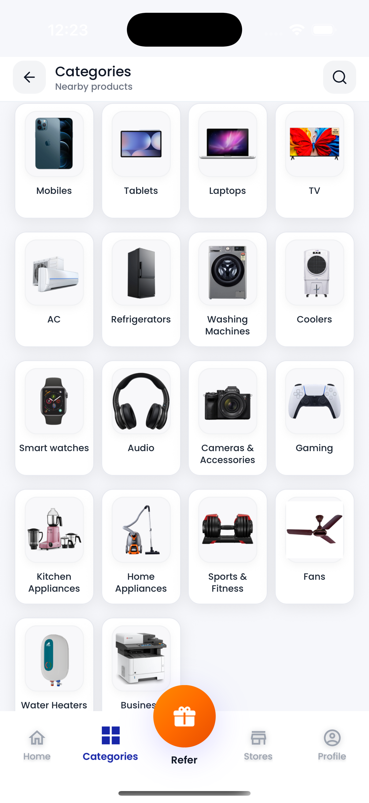 NearDeals find your category screen